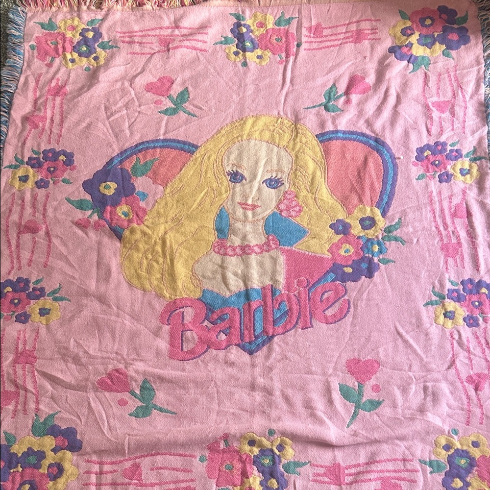 Vintage 1990s Barbie woven blanket with fringe made in the USA good condition